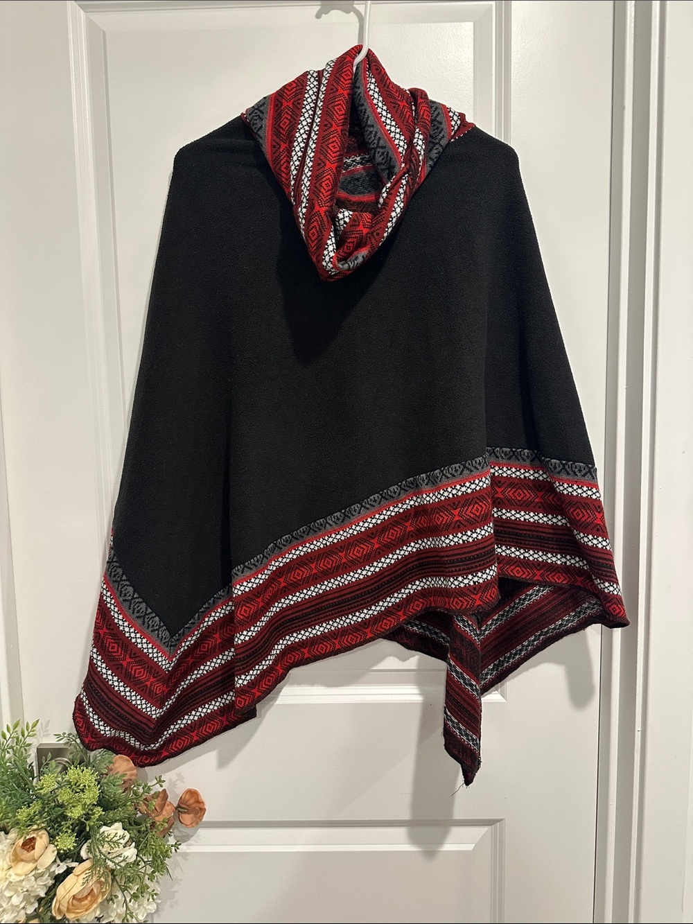Black Poncho with Red Patterned Trim